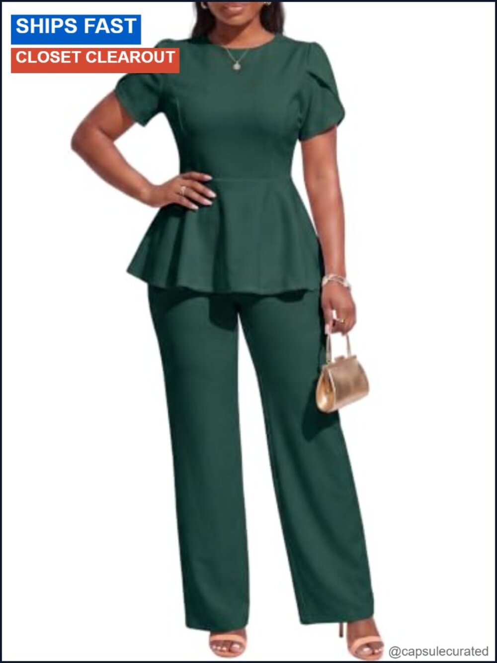 Women's Dressy 2 Piece Pants Suit Peplum Top Straight Leg Pants Set